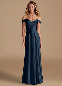 Azazie Jackalin Brautjungfernkleider Wandelbar A-Linie Schulterfrei Metallischer Satin Kleid Dunkelmarine image1