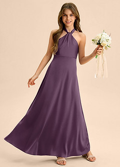 Azazie Beah Junior Plum A-Line Pleated Stretch Satin Dress image5