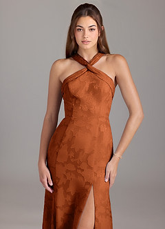 Azazie Rue Robes de demoiselle d'honneur Robe Trapèze en Blumen-Burnout Plissée Orange Brûlée image5