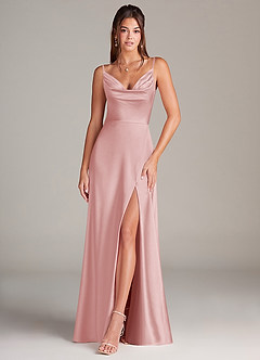 Azazie Sarella Bridesmaid Dresses Powder Pink A-Line Pleated Stretch Satin Dress image1