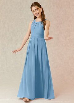Azazie Bibiane Junior Steel Blue A-Line Pleated Chiffon Dress image4