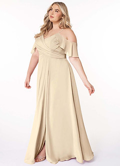 Azazie Dakota Vestidos de damas de honor Vestido de Champán de Gasa de Corte en A con Cuello en V plisado image10