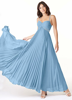 Azazie Devyn Vestidos de damas de honor Vestido de Azul Acero de Gasa de Corte en A con Corsé image1