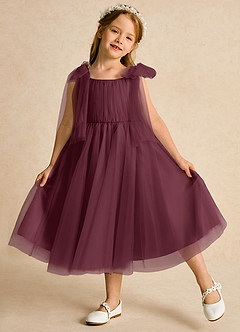 Azazie Dori Robe Demoiselle D'honneur Fillette Robe Trapèze en Tulle Rayé Cabernet image4