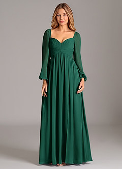 Azazie Alia Bridesmaid Dresses Emerald A-Line Long Sleeve Chiffon Dress image7