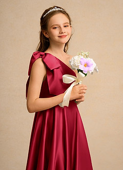 Azazie Guppy Girls Formal vestidos de niña de las flores Vestido de Escarlata de Satin Mate de Corte en A con Hombro unilateral image6
