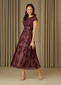 Azazie Sanna Kleider für die Brautmutter A-Linie Schaufel Spitze Tüll Kleid Dunkelweinrot Champagner image3