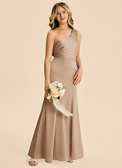 Azazie Ren Junior Taupe A-Line Pleated Stretch Satin Dress image3