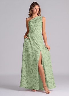 Azazie Phaedra Bridesmaid Dresses Green Fern Floral A-Line One Shoulder Chiffon Dress image4