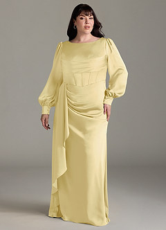 Azazie Raye Bridesmaid Dresses Lemon Sorbet Mermaid Long Sleeve Stretch Satin Dress image7