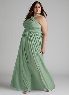 Azazie Hillian Vestidos de damas de honor Vestido de Matcha de Malla de Corte en A con Halter Plisado image10