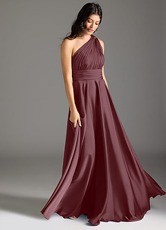 Azazie Charlize Bridesmaid Dresses Sangria A-Line One Shoulder Stretch Satin Dress image3