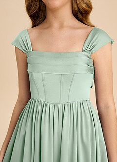 Azazie Hattie Junior Jurk van Stretch Satijn met A-Lijn Geplooid Agave image9