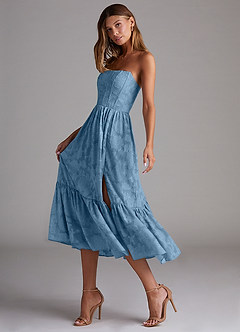 Azazie Delphina Bridesmaid Dresses Steel Blue A-Line Strapless Floral Burnout Convertible Dress image5