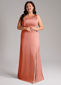 Azazie Phaedra Bridesmaid Dresses Coral A-Line One Shoulder Stretch Satin Dress image13