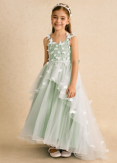 Azazie Darlina Flower Girl Dresses Ivory Dusty Sage Ball-Gown Lace Tulle Dress image6