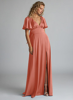 Azazie Kimber Bridesmaid Dresses Salmon Pink A-Line Ruched Stretch Satin Dress image4