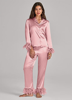 front Matching Color Satin Feathered Pajamas