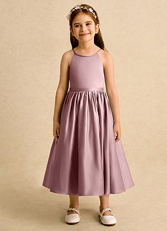 Azazie Indi vestidos de niña de las flores Vestido de Rosa Polvorienta de Satin Mate de Corte En A con Lazo image6