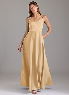 Azazie Marley Jurken voor bruidsmeisjes Converteerbaar Jurk van Stretch Satijn met A-Lijn Off the Shoulder Goud image1