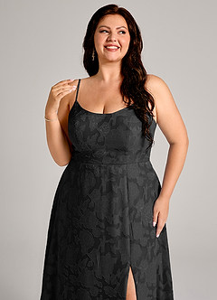 Azazie Moira Bridesmaid Dresses Black A-Line Side Slit Floral Burnout Dress image12