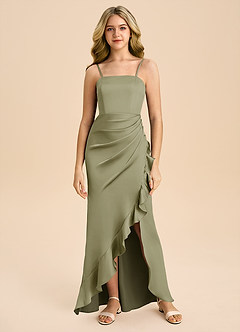 Azazie Buzzy Junior Pistachio Sheath Pleated Stretch Satin Dress image3