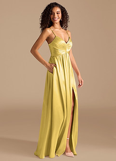 Azazie Alia At-home Try On Dresses Auburn A-Line Pleated Metallic Satin Dress image5