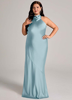 Azazie Velli Vestidos de damas de honor Vestido de Azul Malhumorado de Satén Elástico de Corte Sirena con Cuello Alto image8