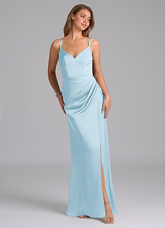 Azazie Leo Bridesmaid Dresses Sky Blue Sheath Pleated Stretch Satin Dress image2