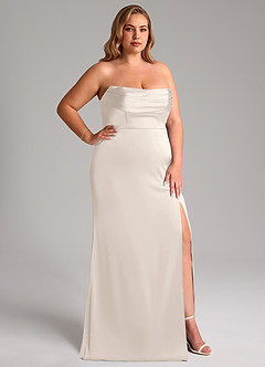 Azazie Saige Bridesmaid Dresses White Alabaster Sheath Off the Shoulder Stretch Satin Dress image17
