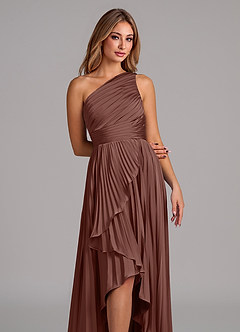 Azazie Lyrica Bridesmaid Dresses Espresso A-Line One Shoulder Stretch Satin Dress image7