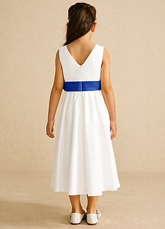 Azazie Darling Flower Girl Dresses Ivory Royal Blue A-Line Bow Cotton Dress image5