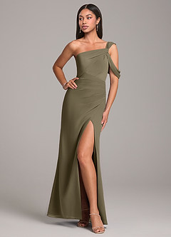 Azazie Wynter At-home Try On Dresses Dusty Blue Sheath Off the Shoulder Chiffon Dress image4