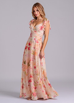 Azazie Leilani Bridesmaid Dresses Abstract Bouquet Floral A-Line Pleated Chiffon Dress image4