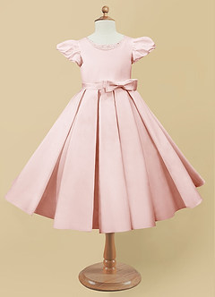 Azazie Jewel Flower Girl Dresses Blushing Pink Ball-Gown Pleated Matte Satin Dress image4