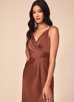Azazie Aqua Bridesmaid Dresses Auburn A-Line V-Neck Pleated Stretch Satin Dress image6