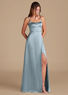 Azazie Halsey Vestidos de damas de honor Vestido de Azul Polvoriento de Satén Metálico de Corte en A con Corte Lateral image1