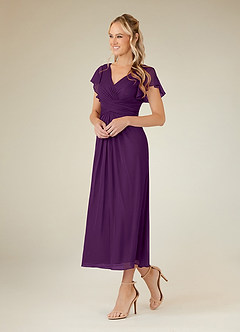 Azazie Vera Mother of the Bride Dresses Grape A-Line V-Neck Pleated Mesh Dress image2