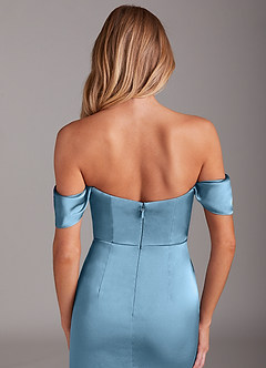 Azazie Saige Bridesmaid Dresses Steel Blue Mermaid Off the Shoulder Stretch Satin Dress image7