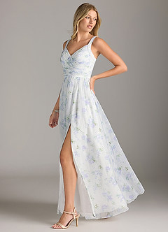 Azazie Chanel Bridesmaid Dresses Blue Vintage Floral A-Line Pleated Chiffon Dress image4