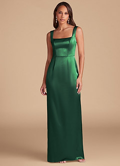 Azazie Flori Vestidos de damas de honor Vestido de Verde Oscuro de Satén Metálico de Corte Recto con Corte Lateral image2