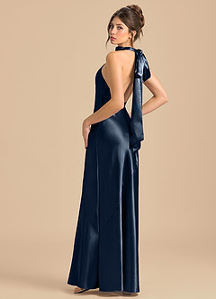 Azazie Velli Bridesmaid Dresses Dark Navy Sheath High Neck Metallic Satin Dress image1