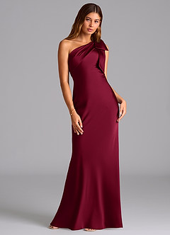 Azazie Yuanna Vestidos de damas de honor Vestido de Borgoña de Satén Elástico de Corte Sirena con Hombro unilateral image3