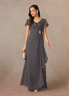 Azazie Snapdragon Mother of the Bride Dresses Steel Grey A-Line V-Neck Ruched Chiffon Dress image1