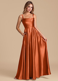 Azazie Shaude 신부 들러리 드레스 A라인 주름진 메탈릭 새틴 바닥 길이 드레스 image3