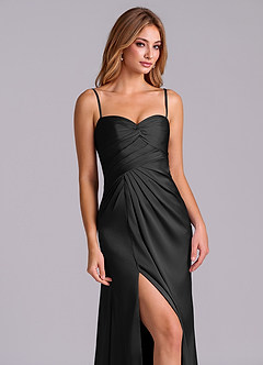 Azazie Sabrine At-home Try On Dresses Black A-Line Sweetheart Neckline Stretch Satin Dress image6