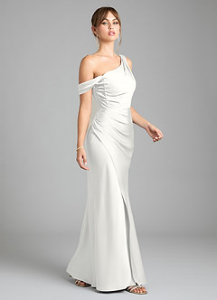 Azazie Madelyn Bridesmaid Dresses White Mermaid One Shoulder Stretch Satin Convertible Dress image5