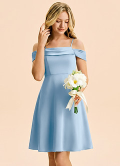 Azazie Anselie Junior Powder Blue A-Line Off the Shoulder Stretch Satin Dress image4