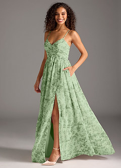 Azazie Alia Bridesmaid Dresses Green Fern Floral A-Line Pleated Chiffon Dress image4