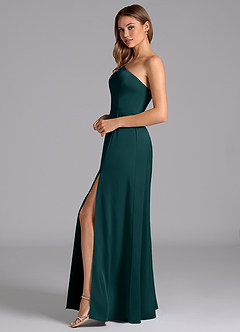 Azazie Trina Robes de demoiselle d'honneur Robe Trapèze en Satin extensible Ue épaule Vert Pin image5